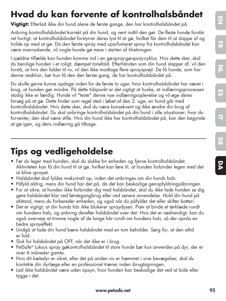 Hvad du kan forvente af kontrolhalsbåndet, Tips og vedligeholdelse, En fr es nl it da de | Petsafe Elite Big Dog Spray Bark Control User Manual | Page 95 / 102