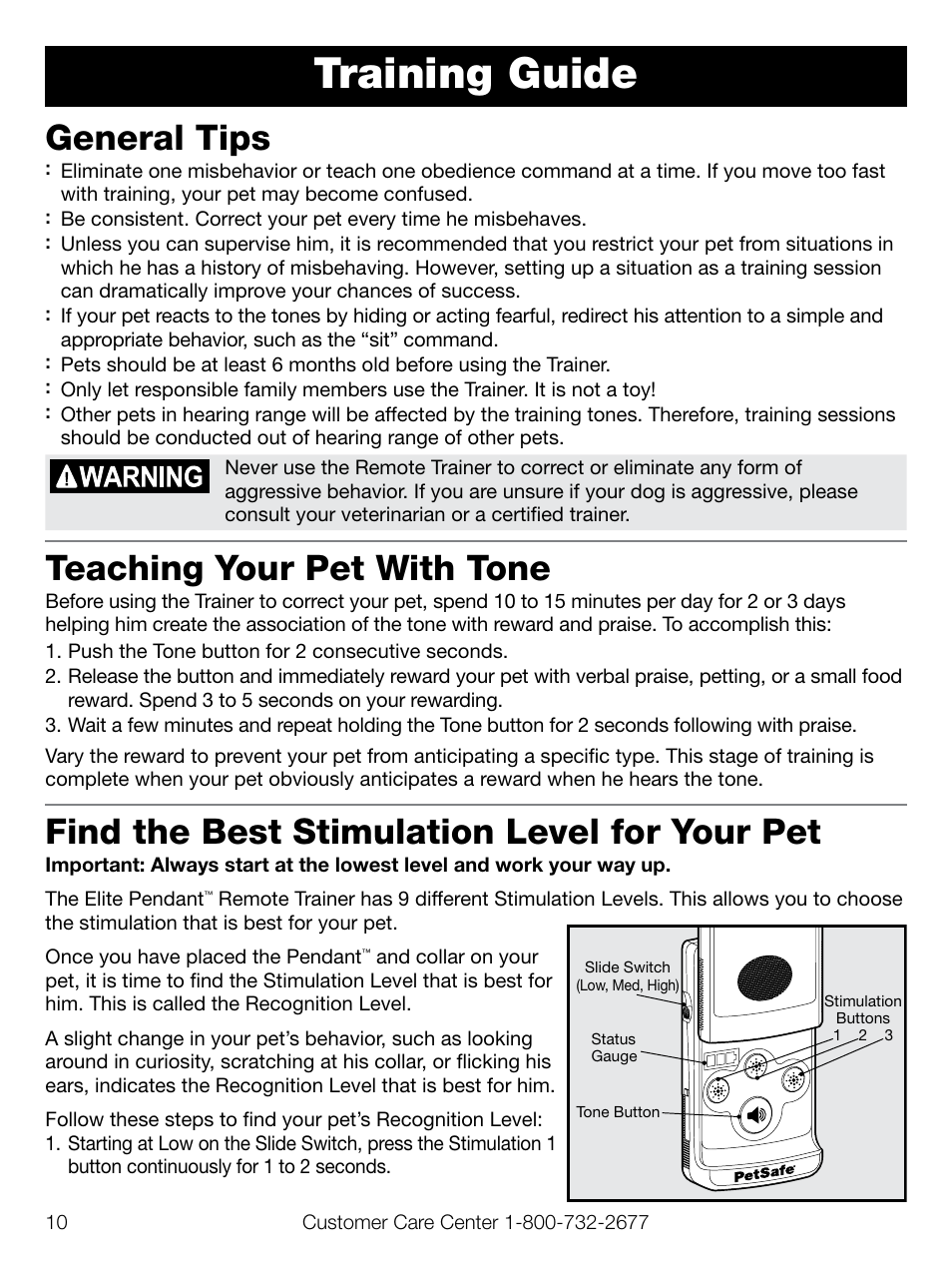 Training guide, General tips, Teaching your pet with tone | Find the best stimulation level for your pet | Petsafe Elite Pendant™ Remote Trainer User Manual | Page 10 / 28