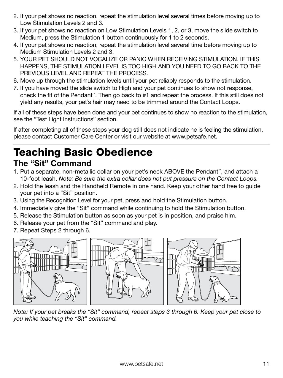 Teaching basic obedience, The “sit” command | Petsafe Elite Pendant™ Remote Trainer User Manual | Page 11 / 28