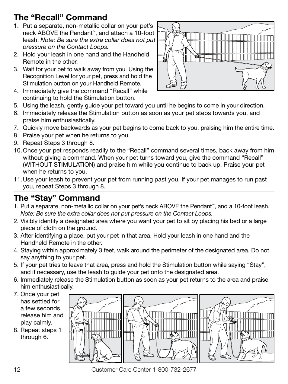 The “recall” command, The “stay” command | Petsafe Elite Pendant™ Remote Trainer User Manual | Page 12 / 28