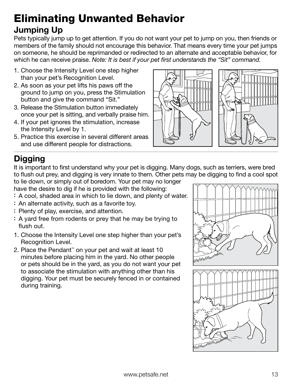 Eliminating unwanted behavior, Jumping up, Digging | Petsafe Elite Pendant™ Remote Trainer User Manual | Page 13 / 28