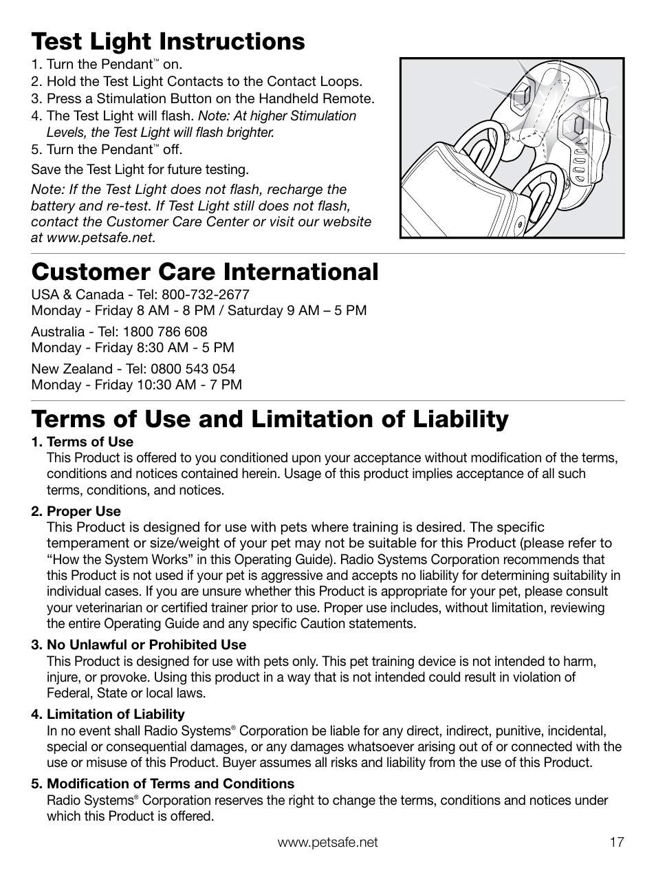 Test light instructions, Customer care international, Terms of use and limitation of liability | Petsafe Elite Pendant™ Remote Trainer User Manual | Page 17 / 28