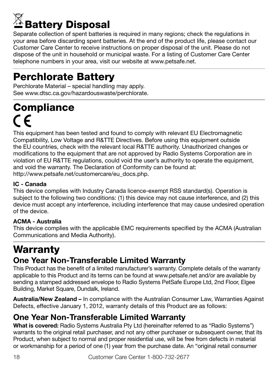 Battery disposal, Perchlorate battery, Compliance | Warranty, One year non-transferable limited warranty | Petsafe Elite Pendant™ Remote Trainer User Manual | Page 18 / 28