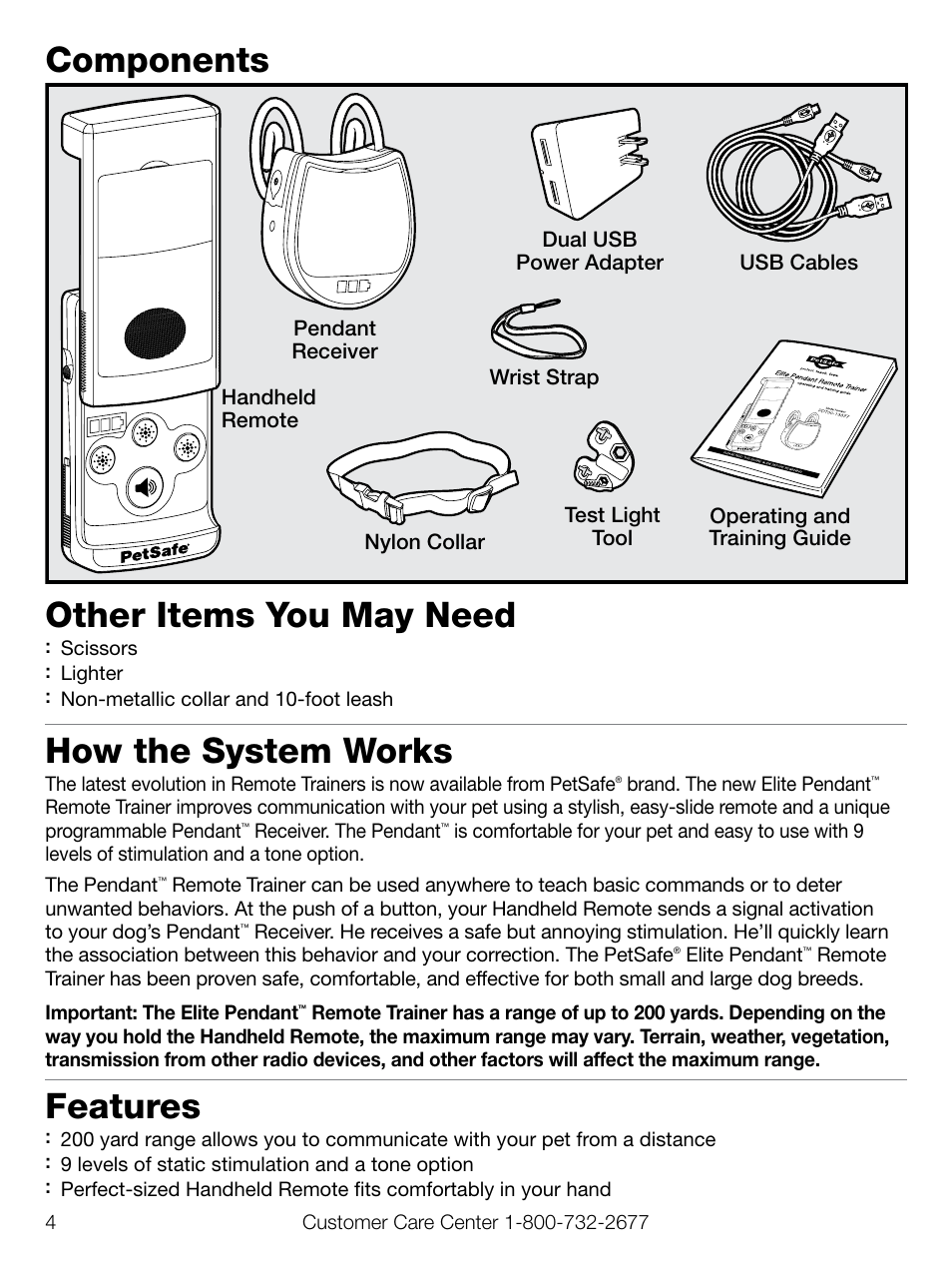 Components, Other items you may need, How the system works | Features | Petsafe Elite Pendant™ Remote Trainer User Manual | Page 4 / 28