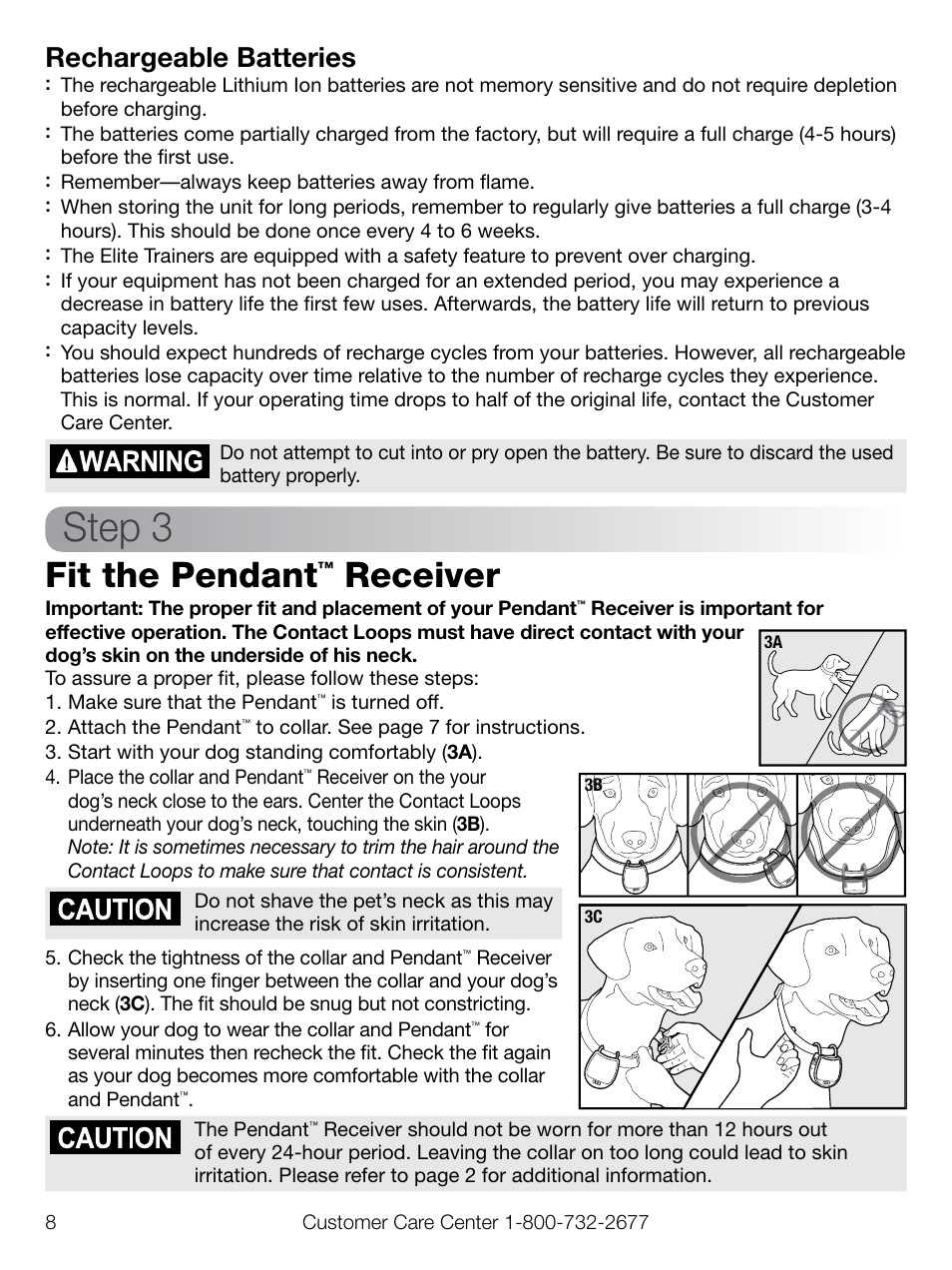 Step 3, Fit the pendant, Receiver | Rechargeable batteries | Petsafe Elite Pendant™ Remote Trainer User Manual | Page 8 / 28