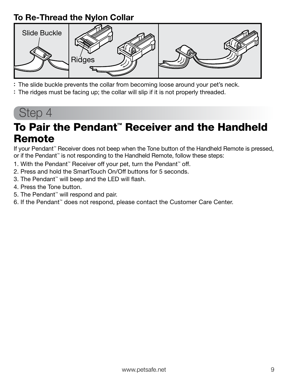 Step 4, Receiver and the handheld remote, Ridges | Petsafe Elite Pendant™ Remote Trainer User Manual | Page 9 / 28