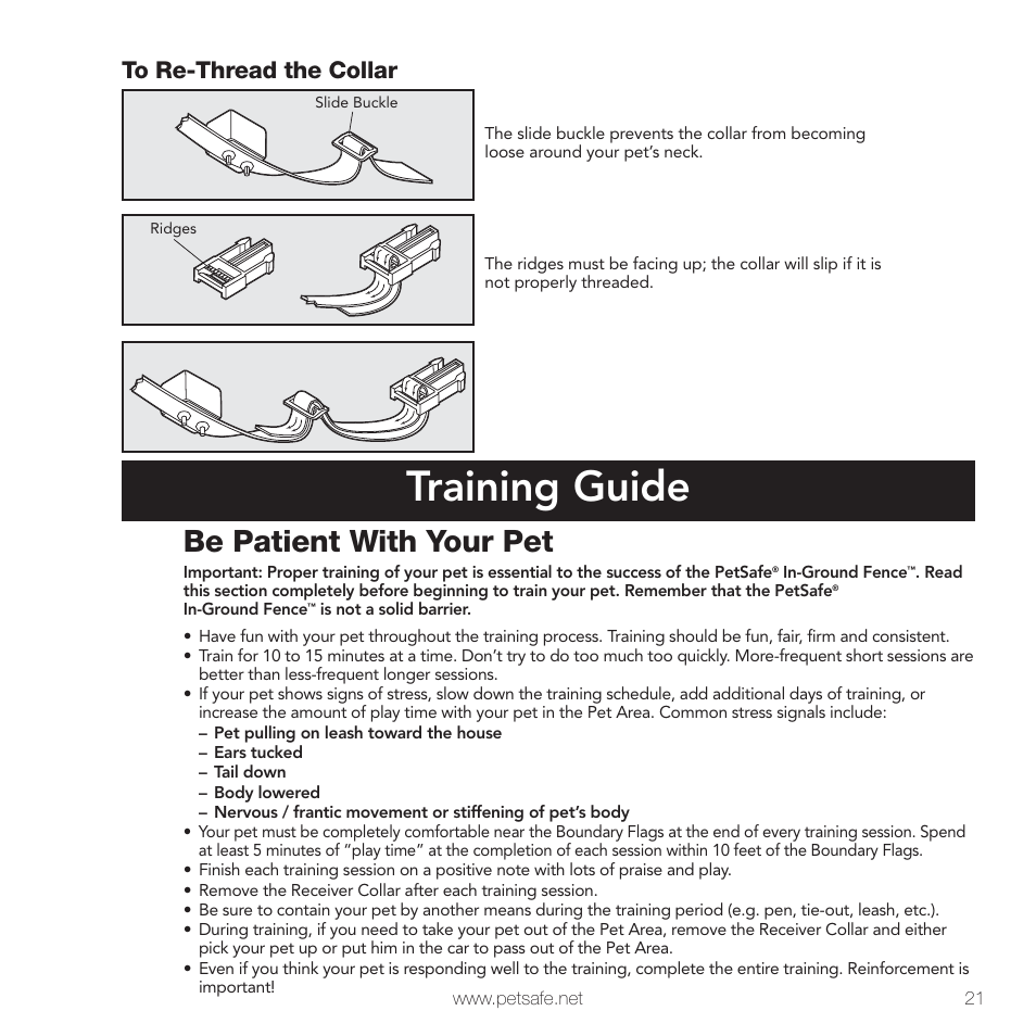 Training guide, Be patient with your pet | Petsafe In-Ground Fence™ User Manual | Page 21 / 32