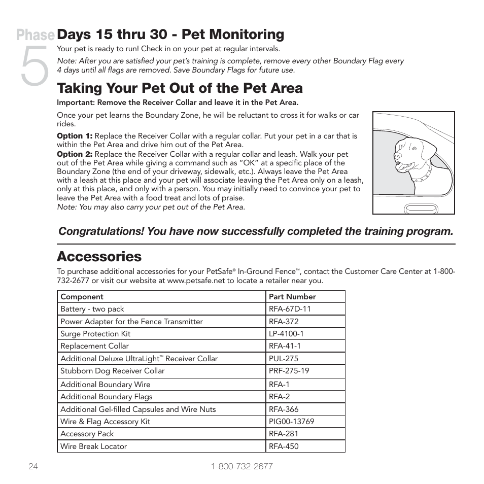 Phase, Days 15 thru 30 - pet monitoring, Taking your pet out of the pet area | Accessories | Petsafe In-Ground Fence™ User Manual | Page 24 / 32
