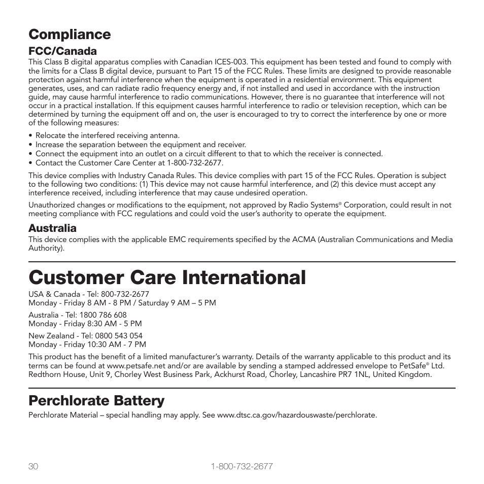 Customer care international, Compliance, Perchlorate battery | Fcc/canada, Australia | Petsafe In-Ground Fence™ User Manual | Page 30 / 32