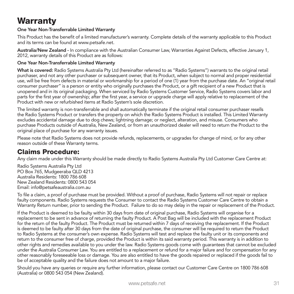 Warranty, Claims procedure | Petsafe In-Ground Fence™ User Manual | Page 31 / 32