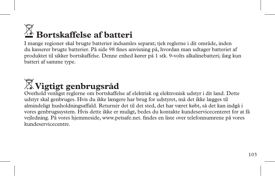 Bortskaffelse af batteri, Vigtigt genbrugsråd | Petsafe Indoor Bark Control, Ultrasonic User Manual | Page 103 / 108