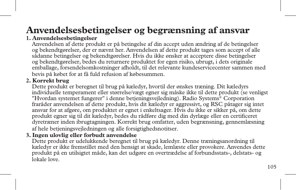 Anvendelsesbetingelser og begrænsning af ansvar | Petsafe Indoor Bark Control, Ultrasonic User Manual | Page 105 / 108