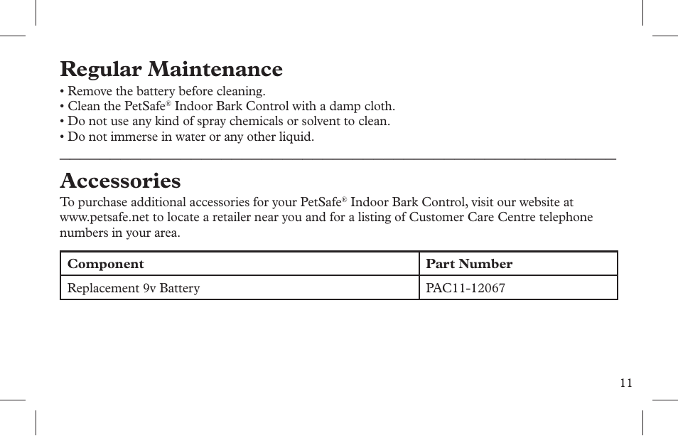 Regular maintenance, Accessories | Petsafe Indoor Bark Control, Ultrasonic User Manual | Page 11 / 108