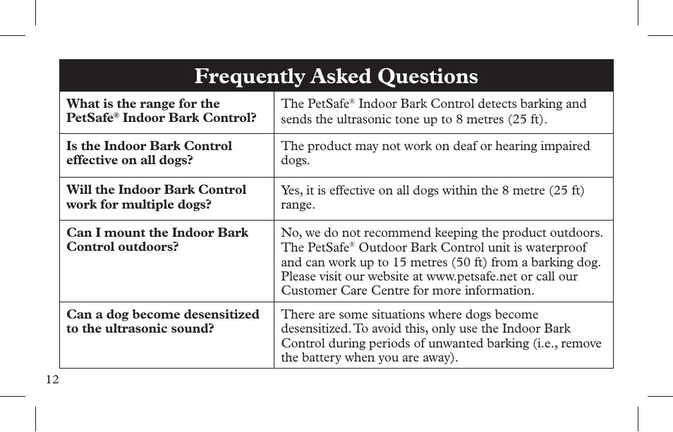 Frequently asked questions | Petsafe Indoor Bark Control, Ultrasonic User Manual | Page 12 / 108