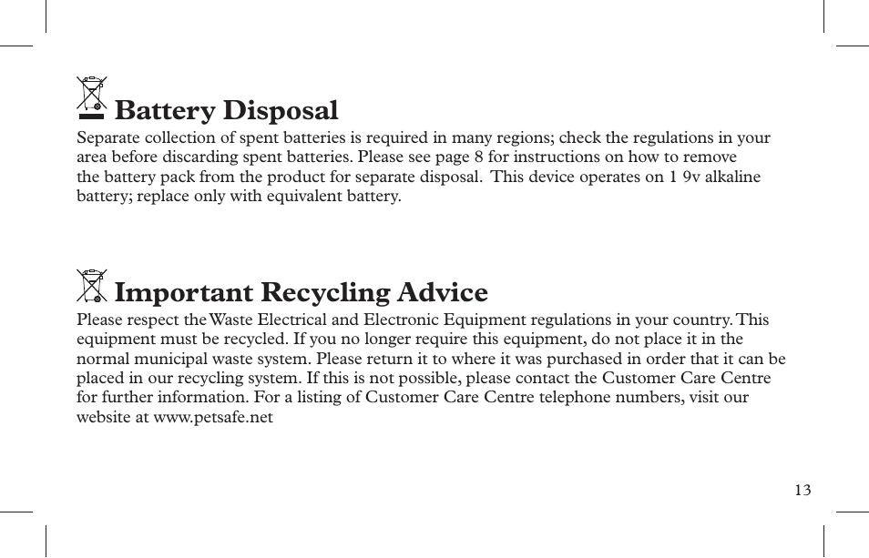 Battery disposal, Important recycling advice | Petsafe Indoor Bark Control, Ultrasonic User Manual | Page 13 / 108