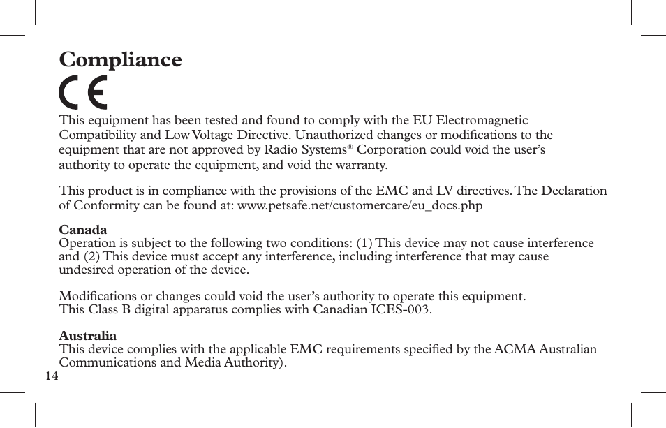 Compliance | Petsafe Indoor Bark Control, Ultrasonic User Manual | Page 14 / 108