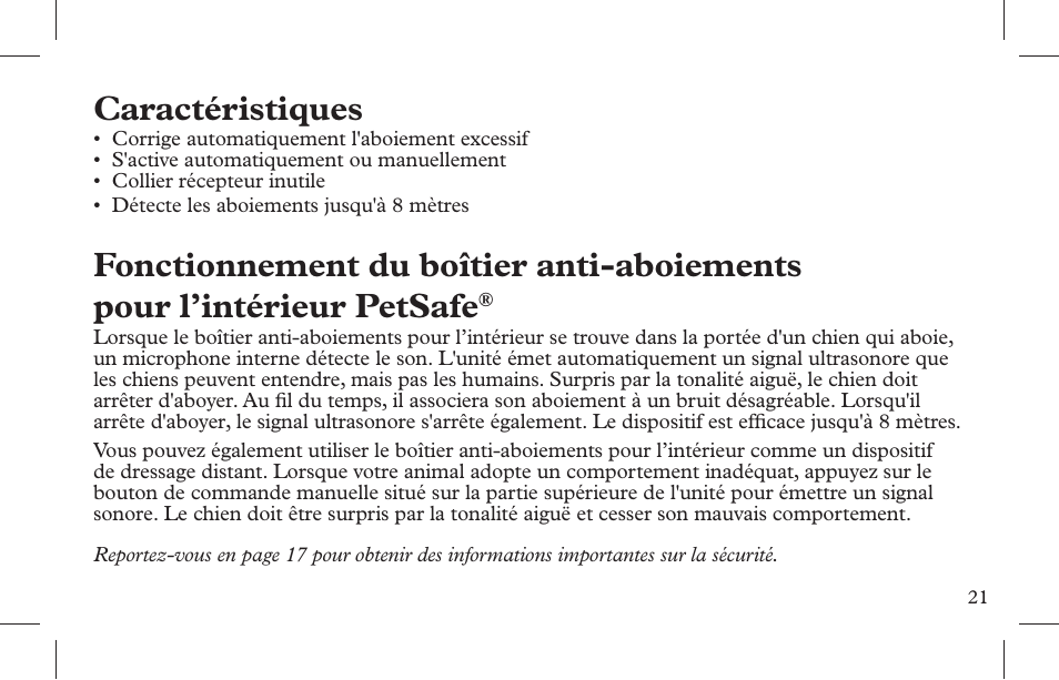Caractéristiques | Petsafe Indoor Bark Control, Ultrasonic User Manual | Page 21 / 108