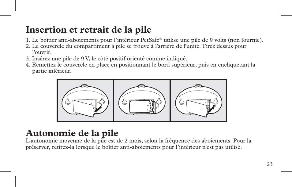 Insertion et retrait de la pile, Autonomie de la pile | Petsafe Indoor Bark Control, Ultrasonic User Manual | Page 23 / 108