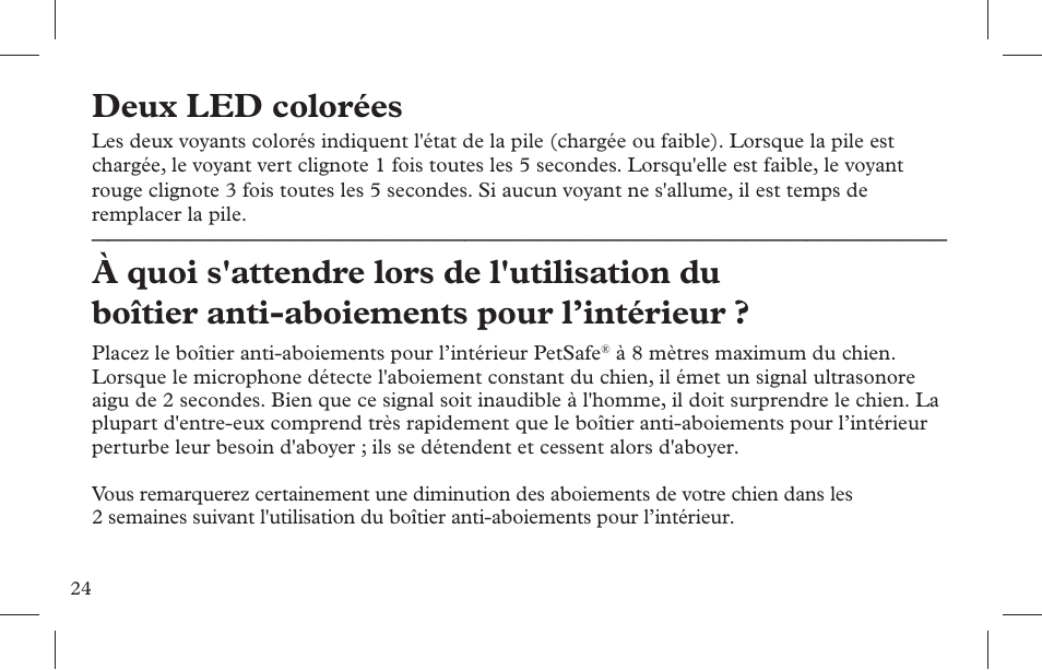 Deux led colorées | Petsafe Indoor Bark Control, Ultrasonic User Manual | Page 24 / 108