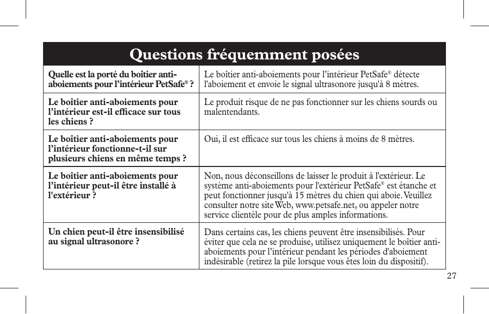 Questions fréquemment posées | Petsafe Indoor Bark Control, Ultrasonic User Manual | Page 27 / 108