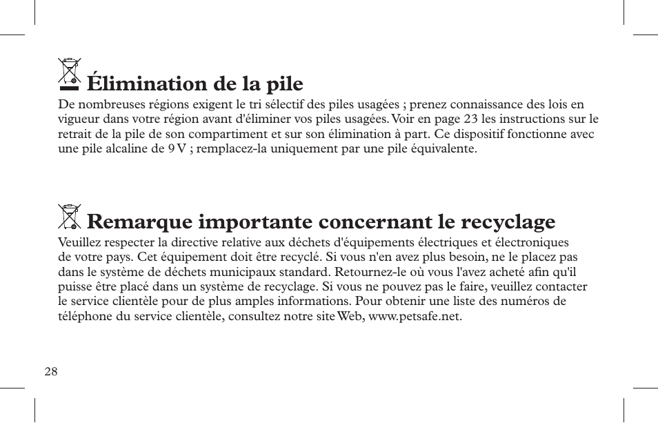 Élimination de la pile, Remarque importante concernant le recyclage | Petsafe Indoor Bark Control, Ultrasonic User Manual | Page 28 / 108