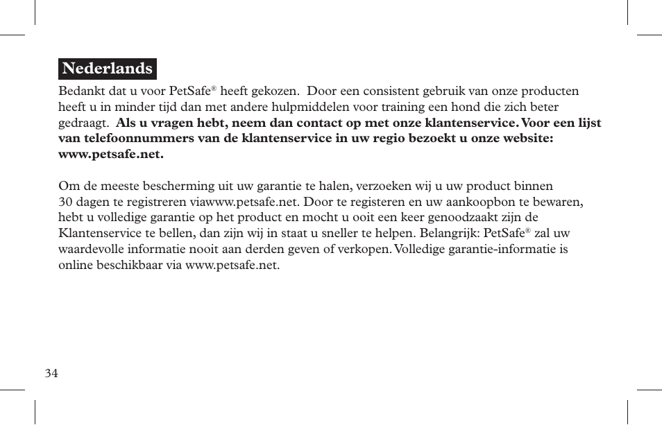 Nederlands | Petsafe Indoor Bark Control, Ultrasonic User Manual | Page 34 / 108