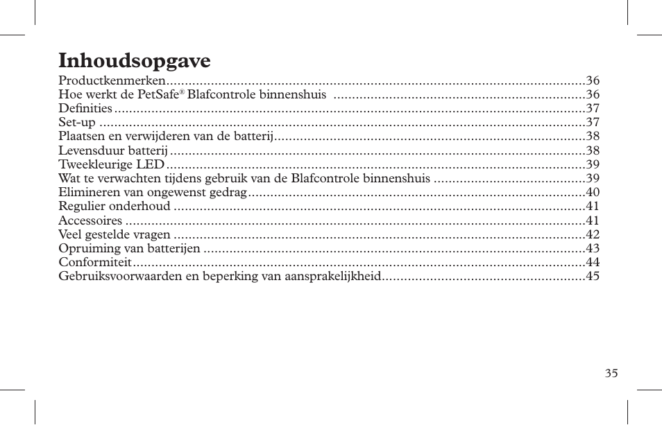 Inhoudsopgave | Petsafe Indoor Bark Control, Ultrasonic User Manual | Page 35 / 108