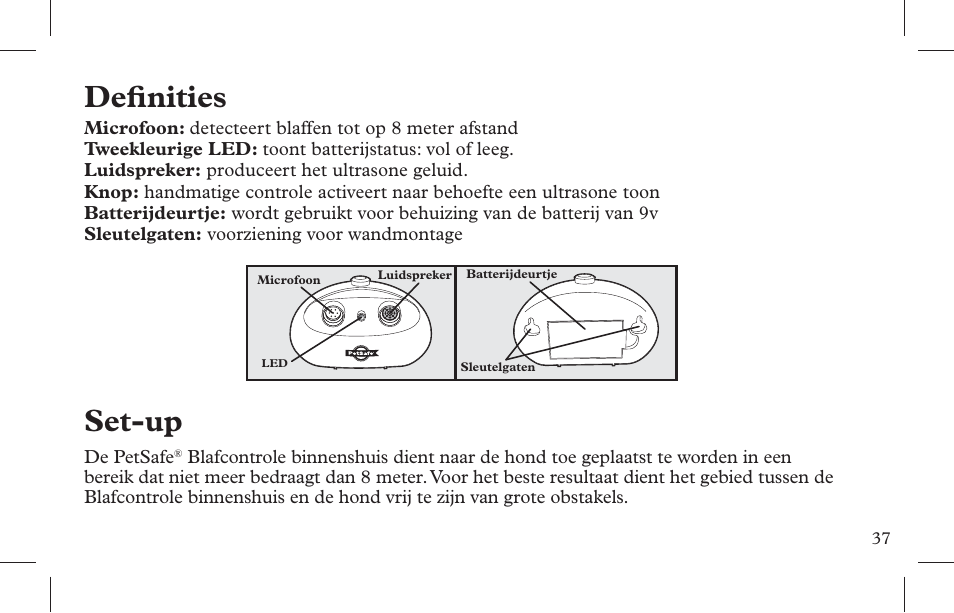 Defi nities, Set-up | Petsafe Indoor Bark Control, Ultrasonic User Manual | Page 37 / 108