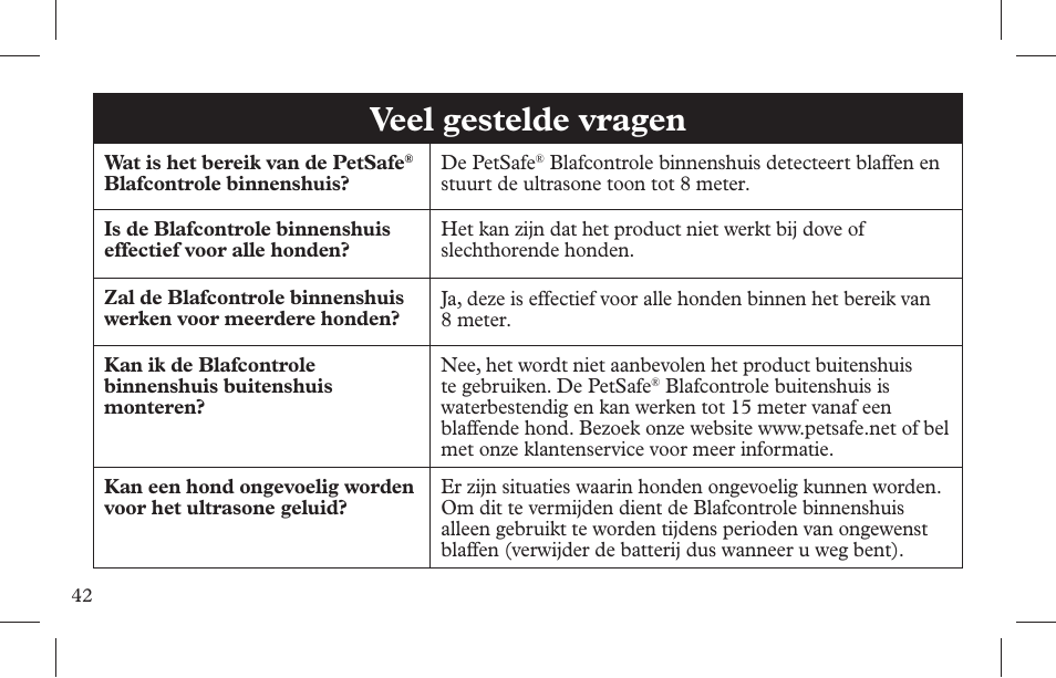Veel gestelde vragen | Petsafe Indoor Bark Control, Ultrasonic User Manual | Page 42 / 108