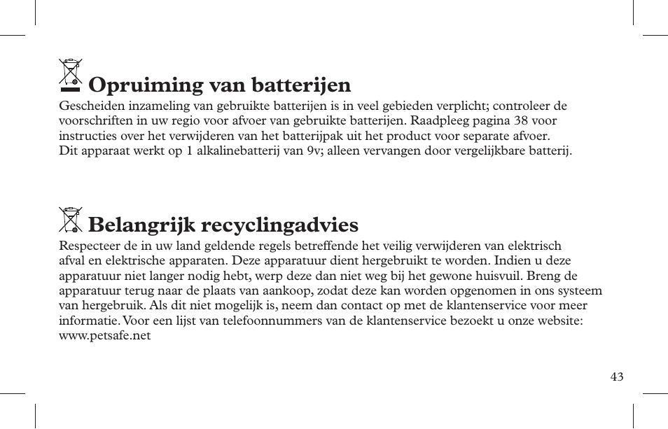 Opruiming van batterijen, Belangrijk recyclingadvies | Petsafe Indoor Bark Control, Ultrasonic User Manual | Page 43 / 108