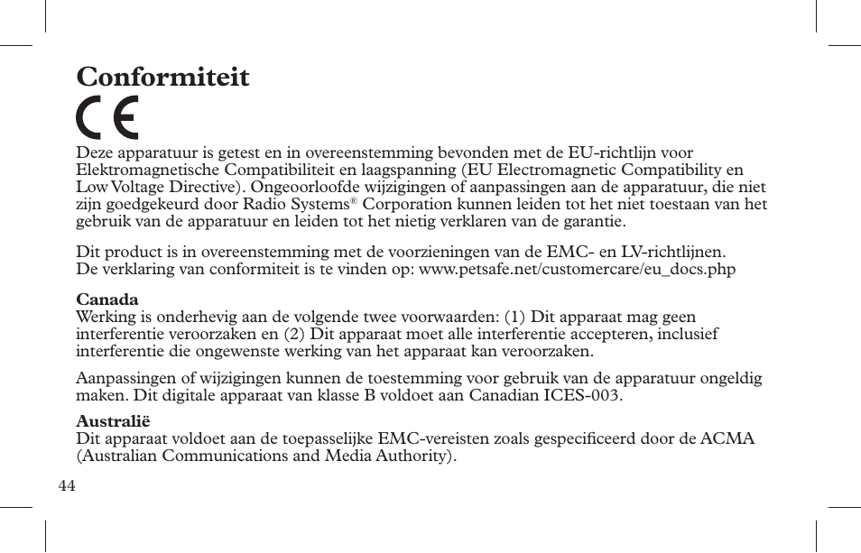 Conformiteit | Petsafe Indoor Bark Control, Ultrasonic User Manual | Page 44 / 108