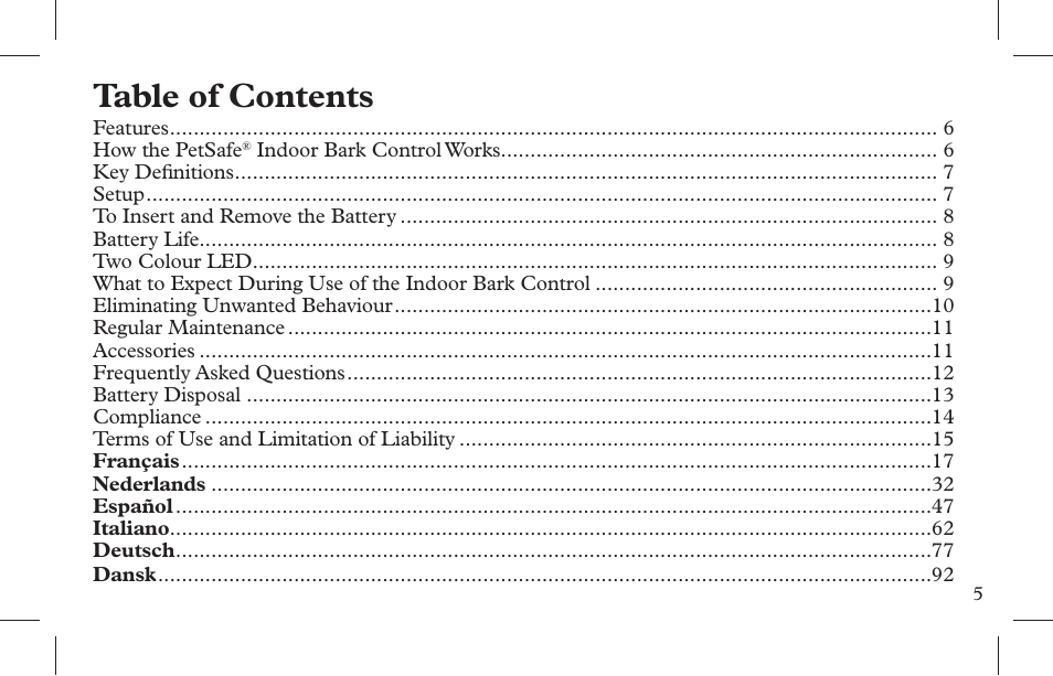 Petsafe Indoor Bark Control, Ultrasonic User Manual | Page 5 / 108
