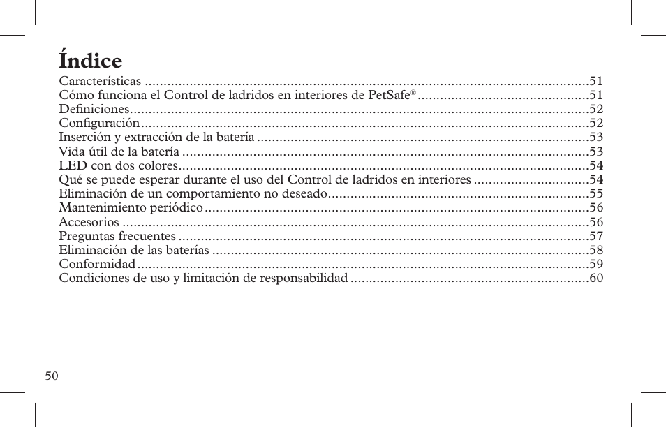 Índice | Petsafe Indoor Bark Control, Ultrasonic User Manual | Page 50 / 108
