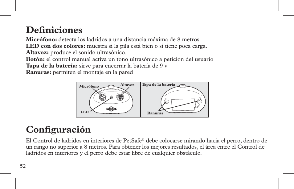 Defi niciones, Confi guración | Petsafe Indoor Bark Control, Ultrasonic User Manual | Page 52 / 108