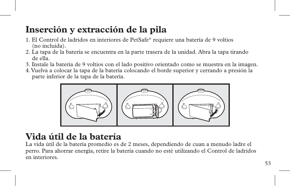 Inserción y extracción de la pila, Vida útil de la batería | Petsafe Indoor Bark Control, Ultrasonic User Manual | Page 53 / 108