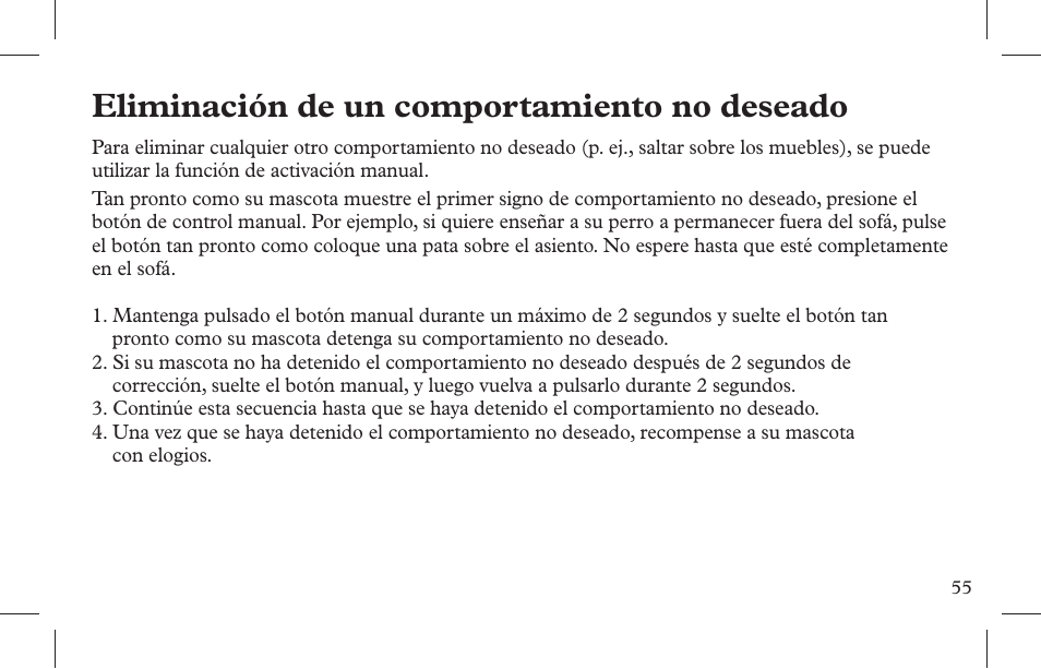 Eliminación de un comportamiento no deseado | Petsafe Indoor Bark Control, Ultrasonic User Manual | Page 55 / 108