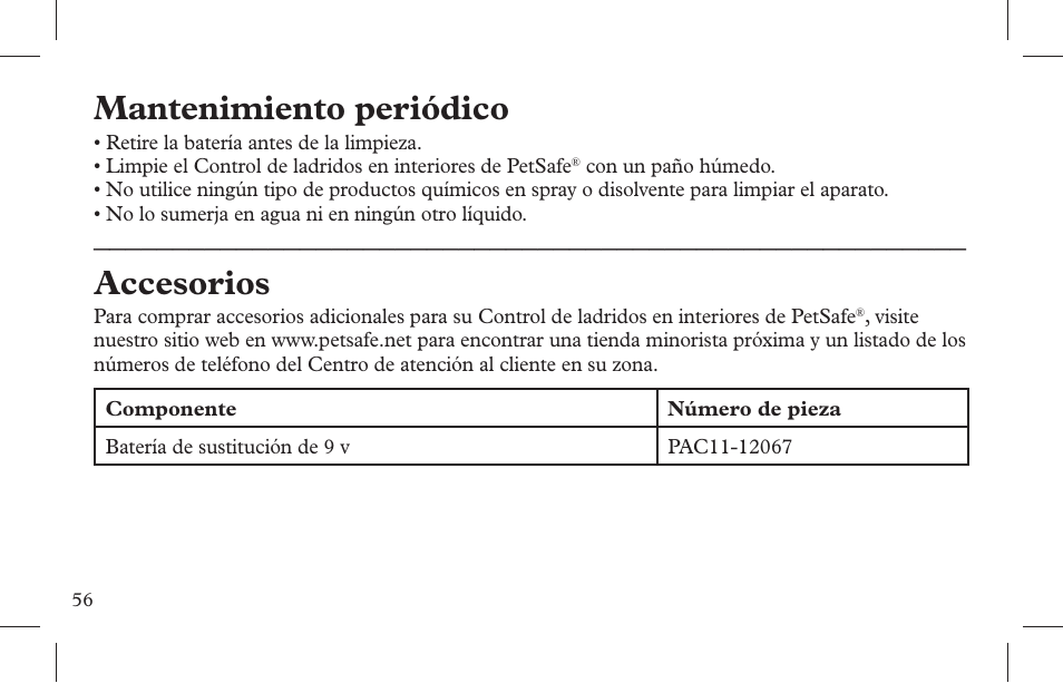 Mantenimiento periódico, Accesorios | Petsafe Indoor Bark Control, Ultrasonic User Manual | Page 56 / 108