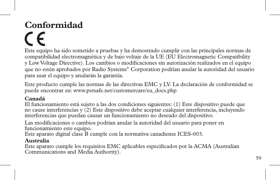 Conformidad | Petsafe Indoor Bark Control, Ultrasonic User Manual | Page 59 / 108