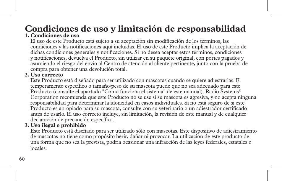 Condiciones de uso y limitación de responsabilidad | Petsafe Indoor Bark Control, Ultrasonic User Manual | Page 60 / 108