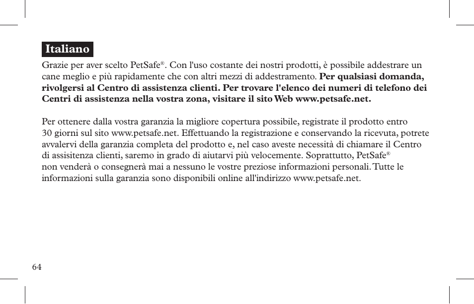 Italiano | Petsafe Indoor Bark Control, Ultrasonic User Manual | Page 64 / 108