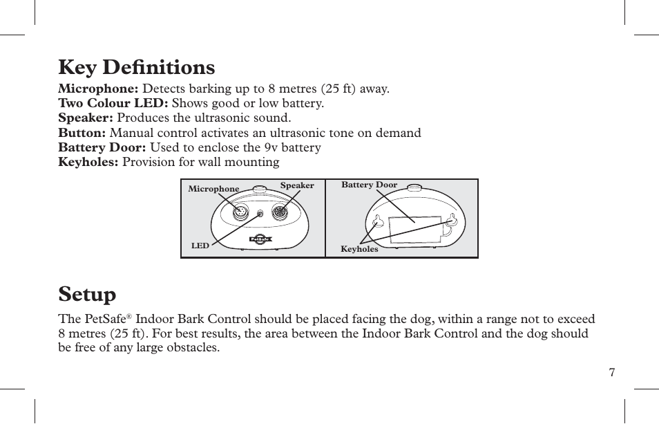 Key defi nitions, Setup | Petsafe Indoor Bark Control, Ultrasonic User Manual | Page 7 / 108