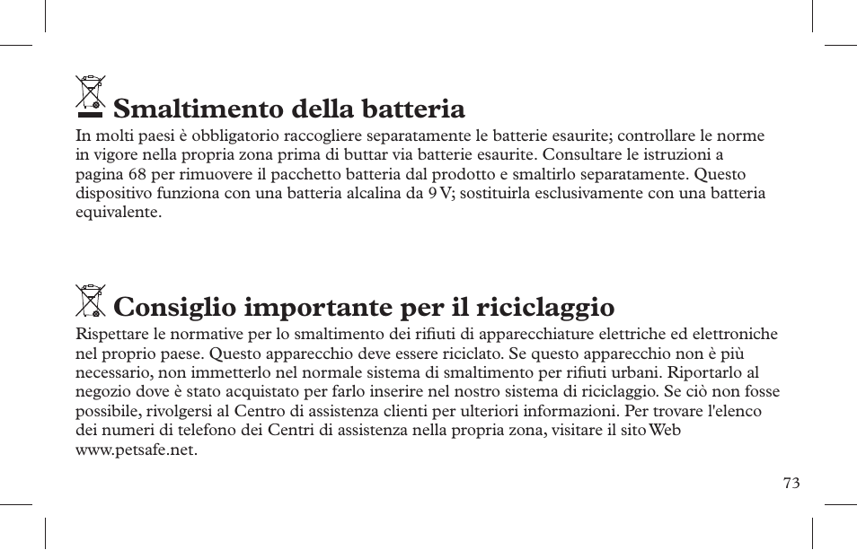 Smaltimento della batteria, Consiglio importante per il riciclaggio | Petsafe Indoor Bark Control, Ultrasonic User Manual | Page 73 / 108