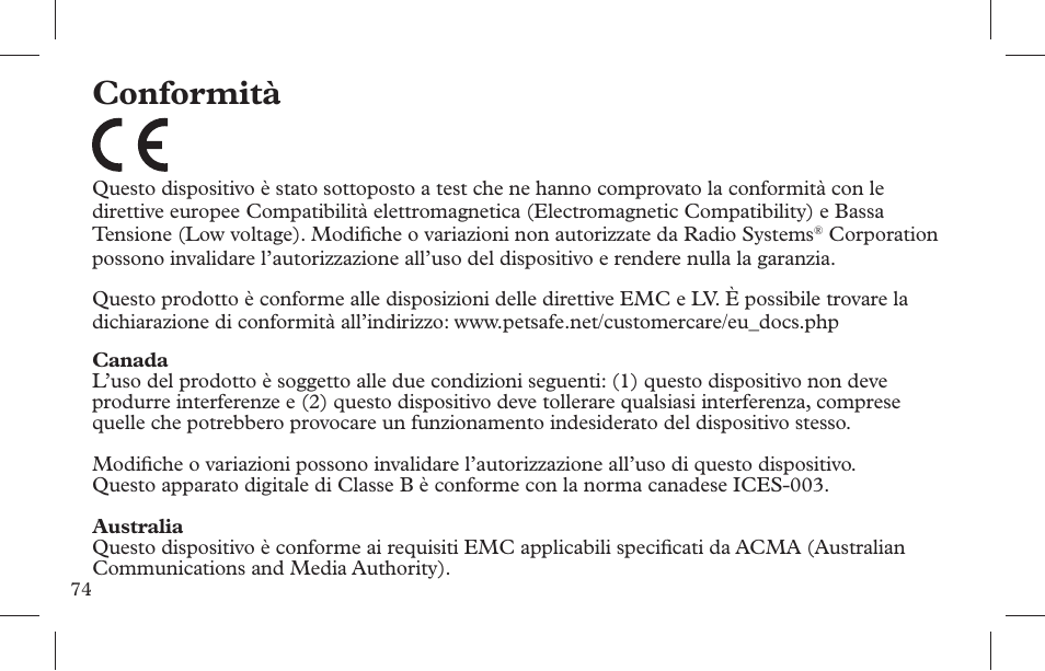 Conformità | Petsafe Indoor Bark Control, Ultrasonic User Manual | Page 74 / 108