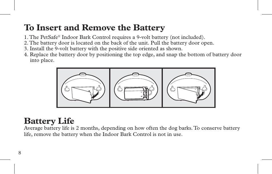 Battery life | Petsafe Indoor Bark Control, Ultrasonic User Manual | Page 8 / 108