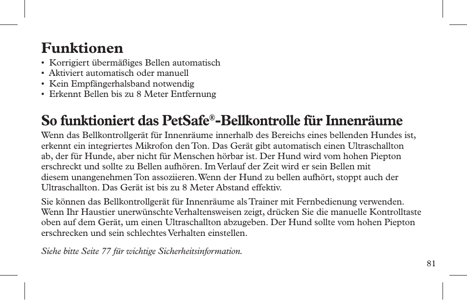 Funktionen, So funktioniert das petsafe, Bellkontrolle für innenräume | Petsafe Indoor Bark Control, Ultrasonic User Manual | Page 81 / 108