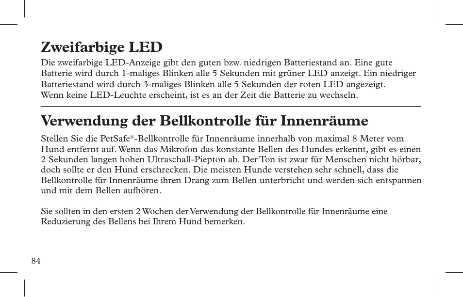 Zweifarbige led, Verwendung der bellkontrolle für innenräume | Petsafe Indoor Bark Control, Ultrasonic User Manual | Page 84 / 108