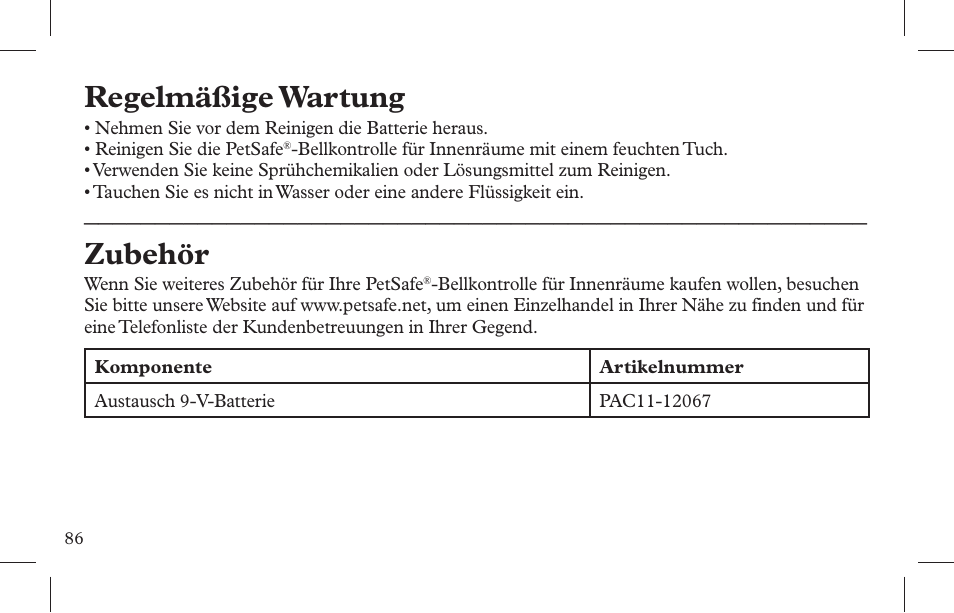 Regelmäßige wartung, Zubehör | Petsafe Indoor Bark Control, Ultrasonic User Manual | Page 86 / 108