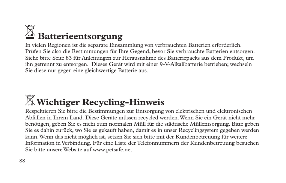 Batterieentsorgung, Wichtiger recycling-hinweis | Petsafe Indoor Bark Control, Ultrasonic User Manual | Page 88 / 108