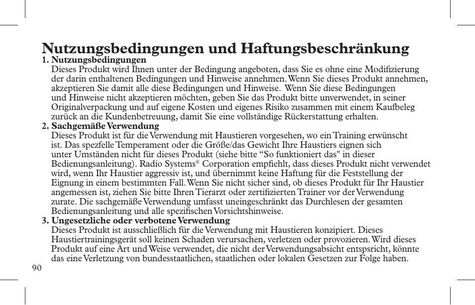 Nutzungsbedingungen und haftungsbeschränkung | Petsafe Indoor Bark Control, Ultrasonic User Manual | Page 90 / 108