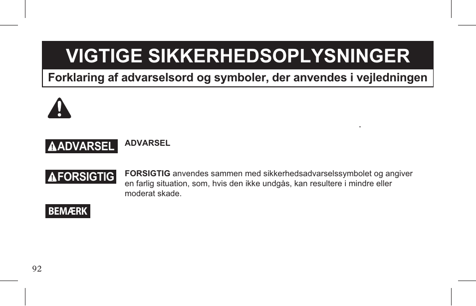 Vigtige sikkerhedsoplysninger | Petsafe Indoor Bark Control, Ultrasonic User Manual | Page 92 / 108